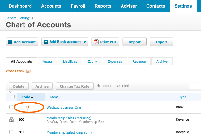 Xero No Code for Bank Account in Chart of Accounts