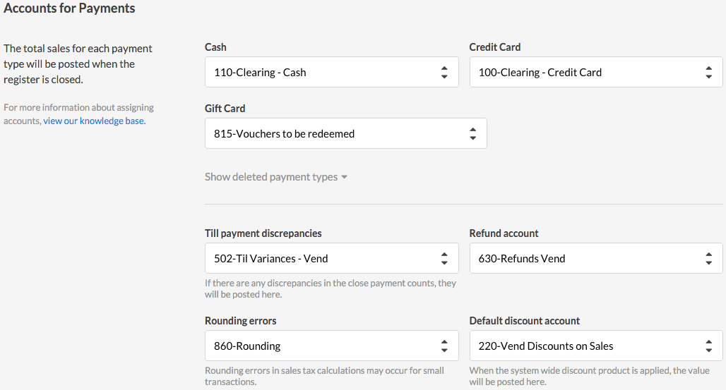 Vend Xero Accounts for Payments