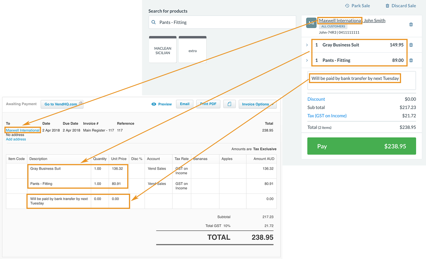 Vend to Xero on Account invoice information transfer