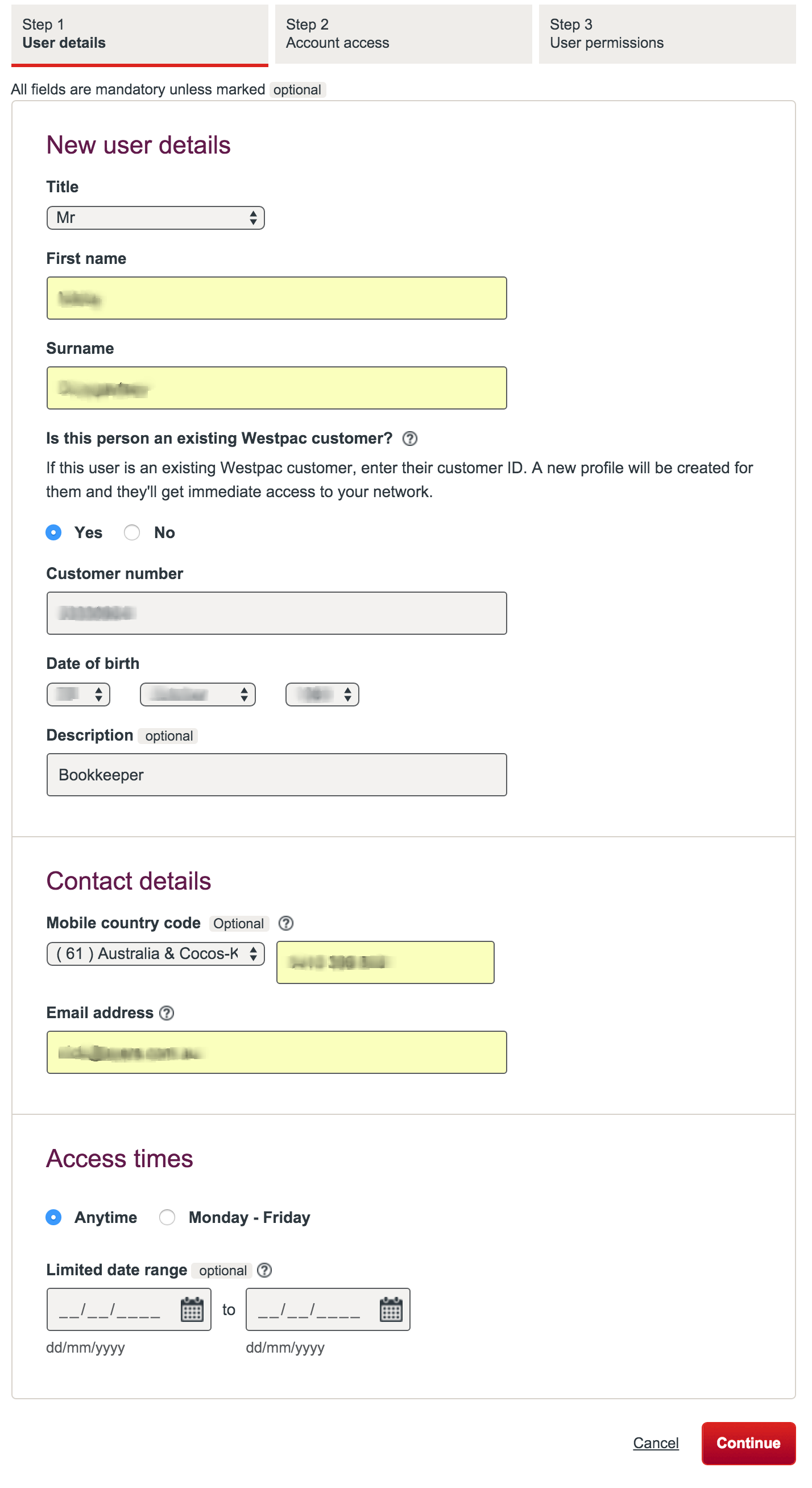 Westpac Bookkeeper Accountant User Details