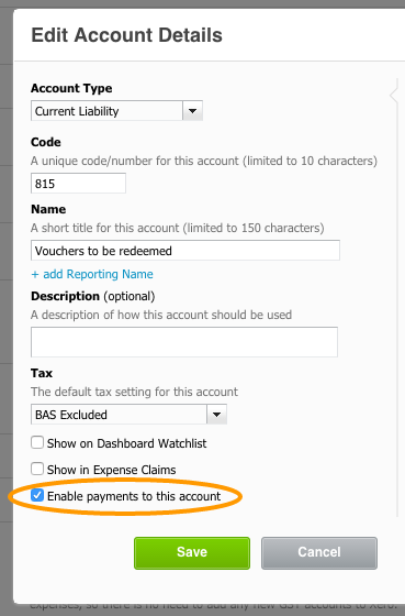 Xero Account Vend Vouchers to be redeemed. Enable payments to this account