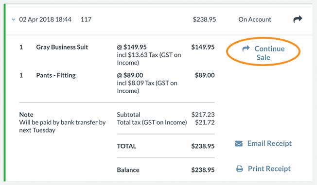 Vend Continue Sale add payments to the invoice in Vend