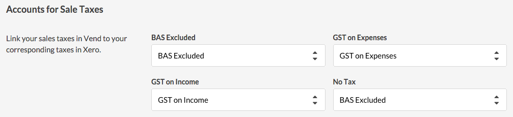 Accounts for Sale Taxes Xero Vend