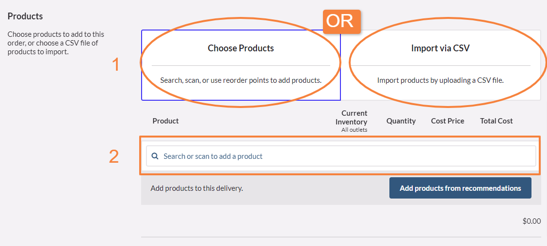 Vend Choose Products Order New Products import CSV