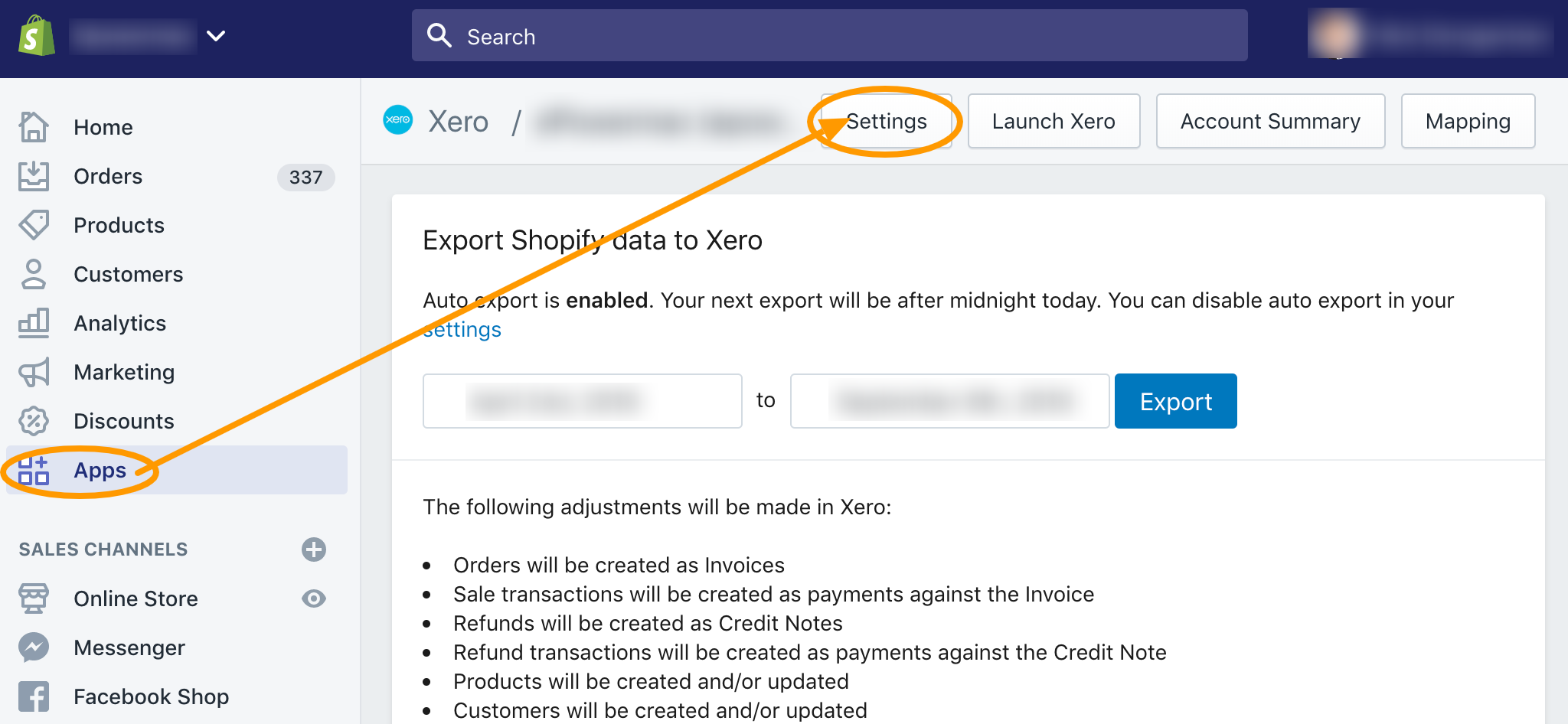 Shopify Xero Integration Settings