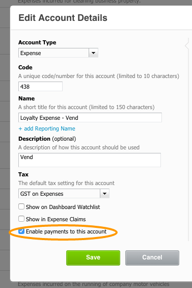 Xero Vend Loyalty Expense Account - Enable payments to this account