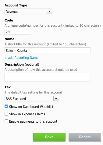 Kounta Sales Account in Xero