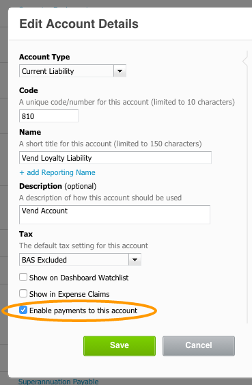 Xero Vend Loyalty Business Liability. Enable payments to this account.