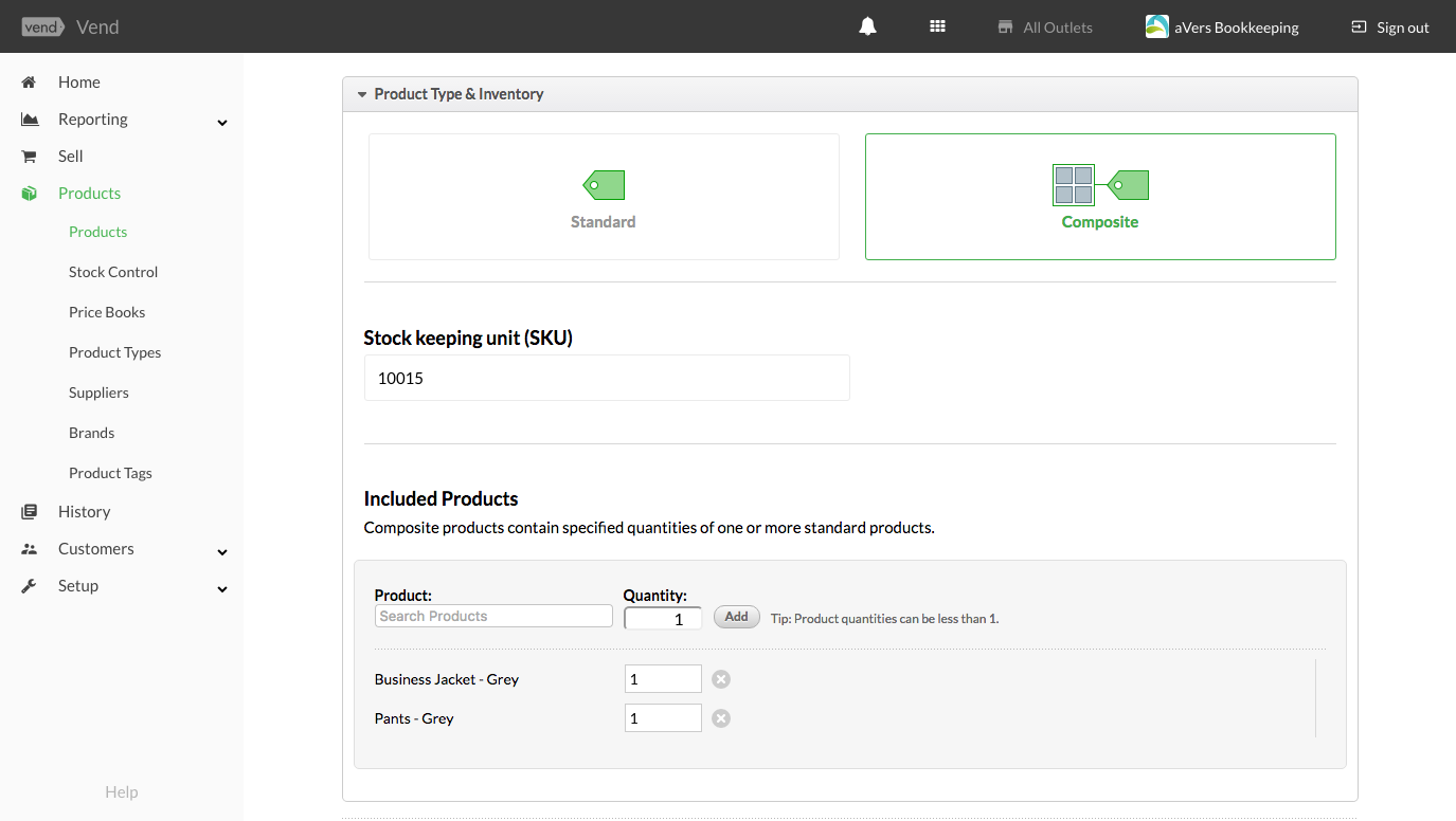 Vend Composite Product adding Products