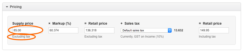 Composite product Vend Supply Price Cost of Goods Sold