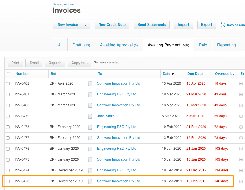 Xero Awaiting Payment Invoices
