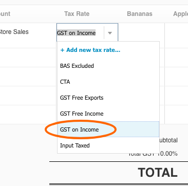 Tax Rate in Xero Invoice GST on Income