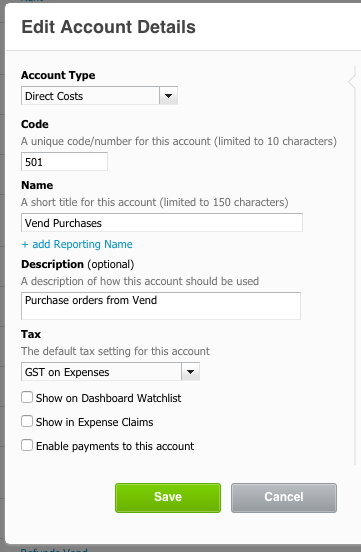 Xero Vend Xero Direct Costs Cost of Goods