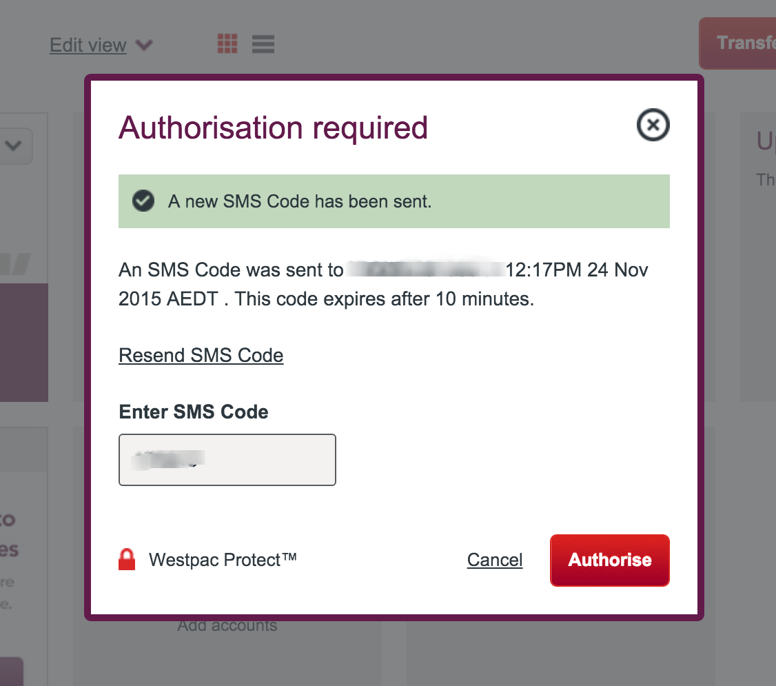 Westpac Bookkeeping Authorisation Request SMS