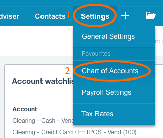 Xero Settings Chart of Accounts preparing for Kounta Integration