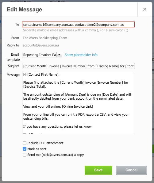 Edit Message Xero Repeating Invoices