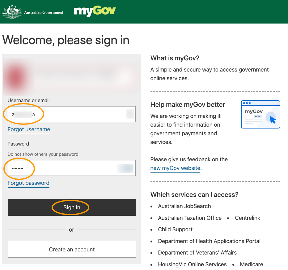  logga in myGov Betalning sammanfattningar grupp certifikat