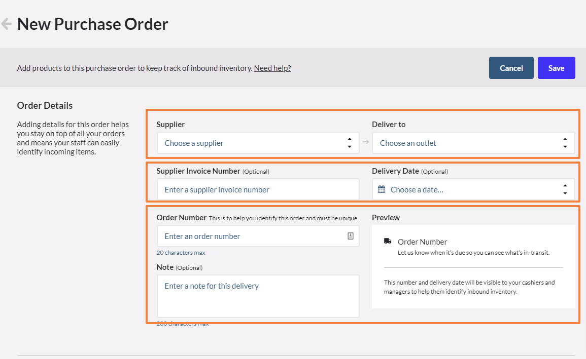 Vend New Purchase Order Number