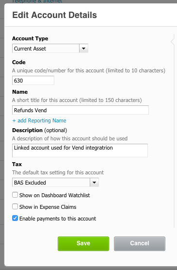 Xero Account Refunds Vend